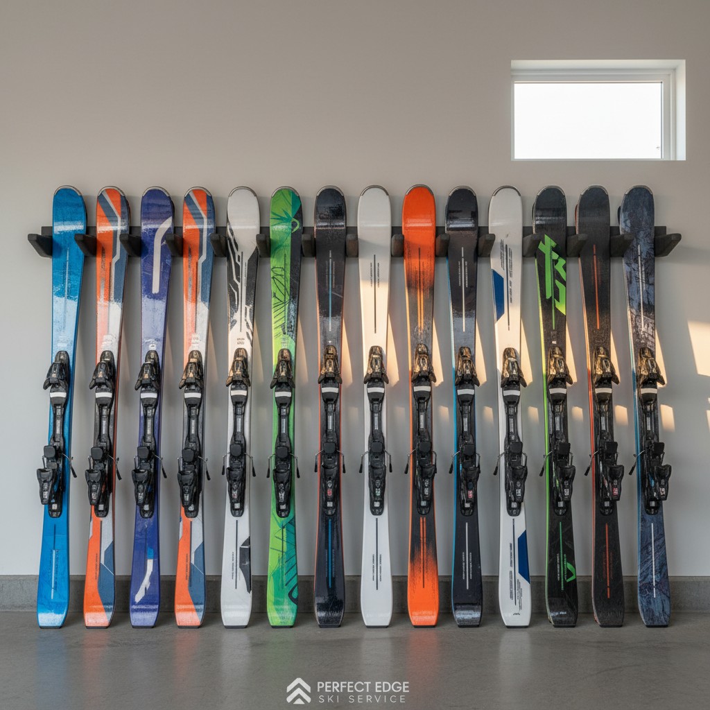 Here is the alt text: A collection of skis in various colors lined up against a white wall with a window.