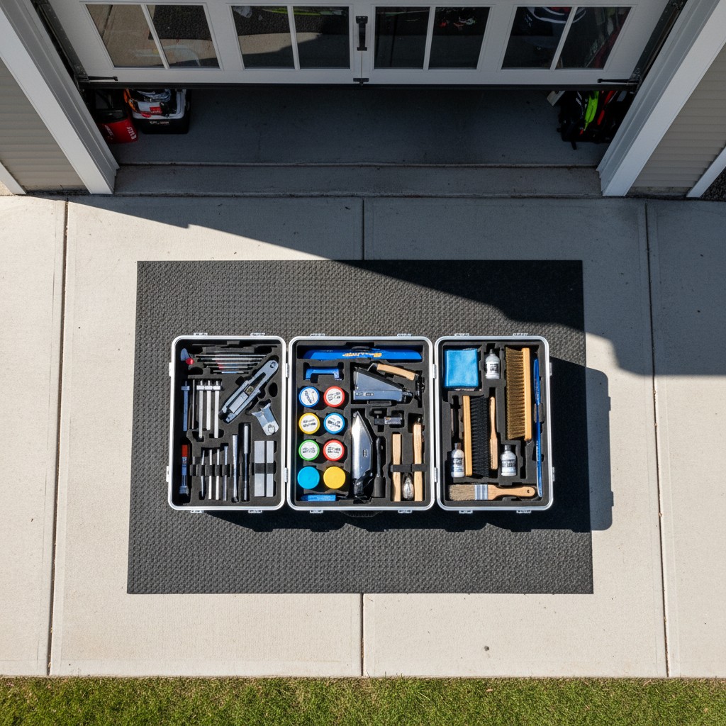 A top-down aerial image depicts a car lift set resting on a dark grey car mat among vast expanses of white concrete paveme...