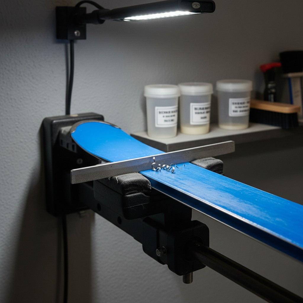 Here is the alt text: "Workbench with Ski Tuning Equipment, Including Light, Striping Component, Sticks, and Goop for Ski ...